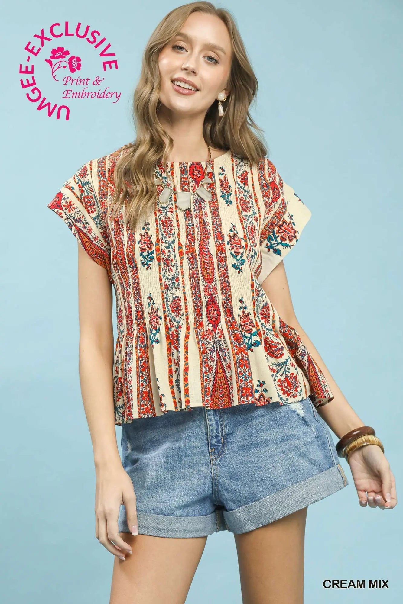 Umgee Tops Umgee Printed Smocked Top Umgee Printed Smocked Top