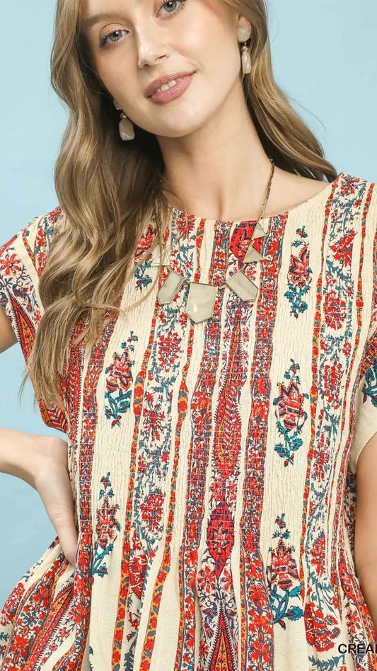 Umgee Tops Umgee Printed Smocked Top Umgee Printed Smocked Top