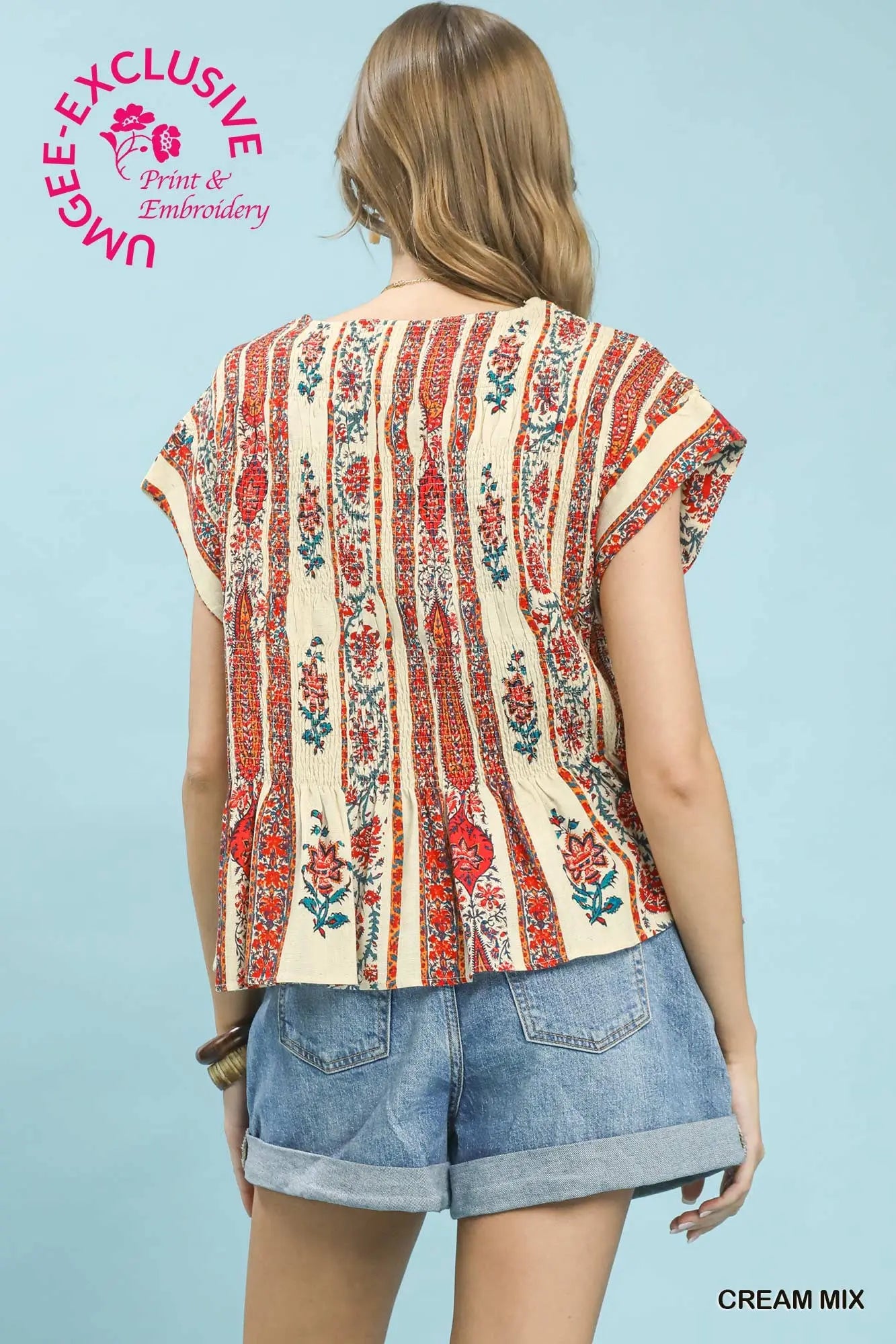 Umgee Tops Umgee Printed Smocked Top Umgee Printed Smocked Top