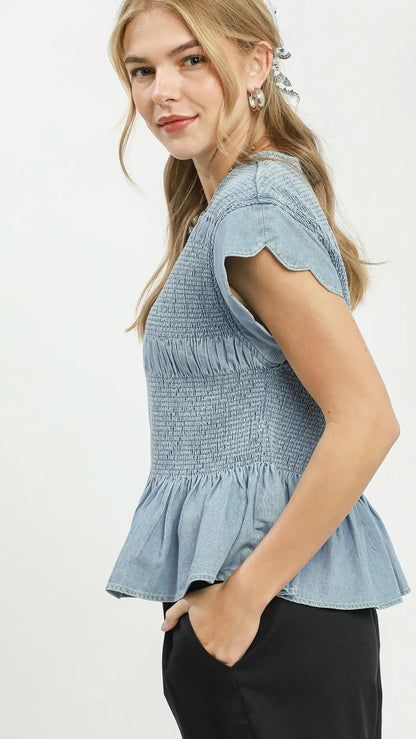 Umgee Tops Umgee Chambray Smocked Top Umgee Chambray Smocked Top