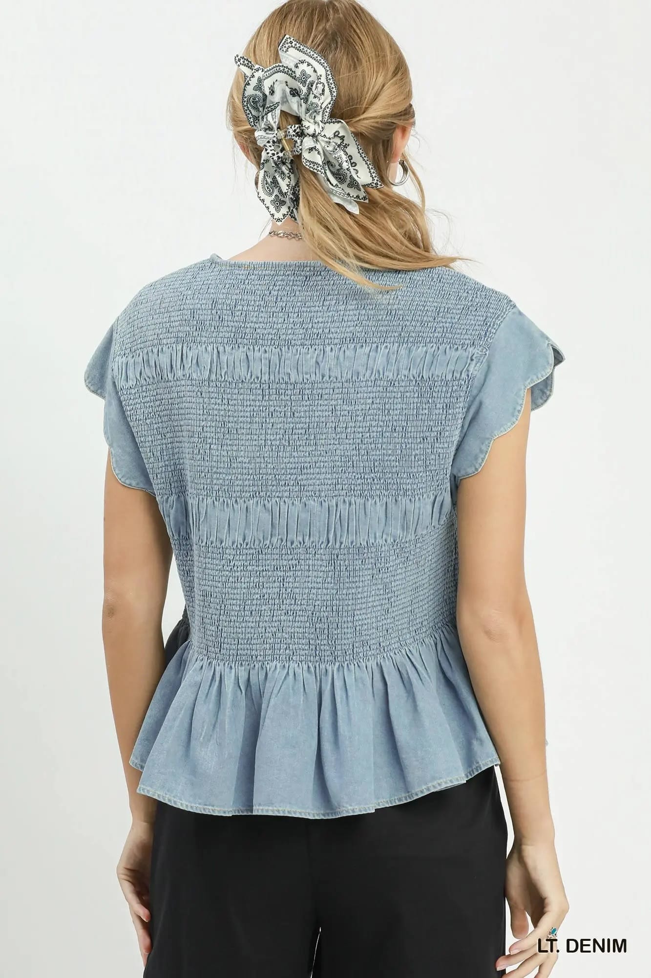 Umgee Tops Umgee Chambray Smocked Top Umgee Chambray Smocked Top