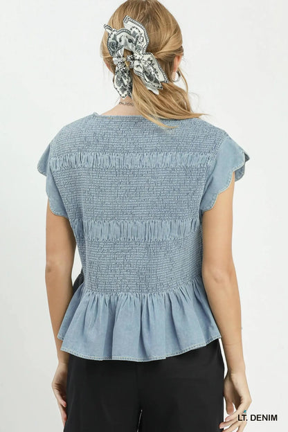 Umgee Tops Umgee Chambray Smocked Top Umgee Chambray Smocked Top