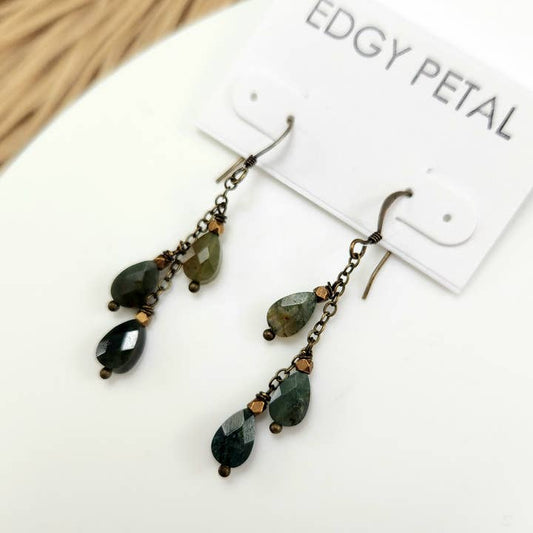 Edgy Petal Triple Moss Agate Chain Earring