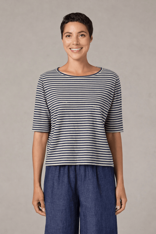 Cut Loose Tees Cut Loose Cotton/Linen Navy Stripe Elbow Top - Multiple Colors 27621598 Cut Loose Cotton/Linen Navy Stripe Elbow Top - Multiple Colors