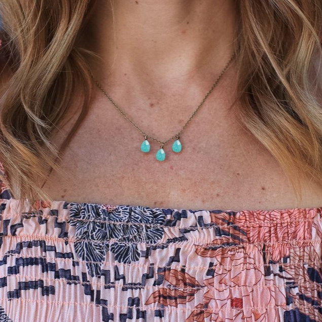 Edgy Petal Triple Seafoam Green Chalcedony Teardrop Necklace