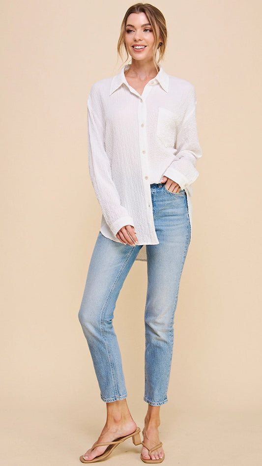 Allie Rose Crinkle Button Front Shirt - Multiple Colors