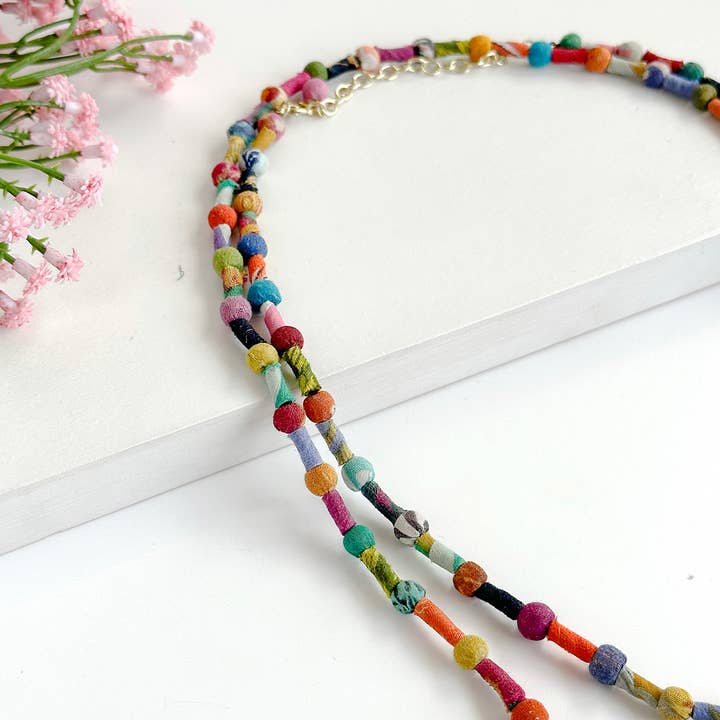 World Finds Necklaces World Finds Scrolled & Dotted Kantha Necklace 41007070 World Finds Scrolled & Dotted Kantha Necklace
