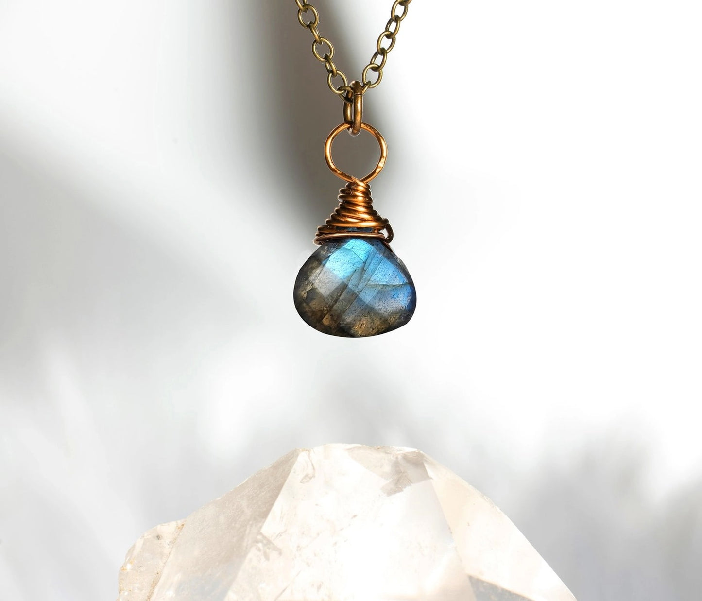 Edgy Petal Labradorite Wire Wrapped Pendant Necklace