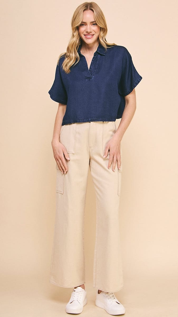 Allie Rose Tops Allie Rose Chambray Collared Dolman Top Allie Rose Chambray Collared Dolman Top