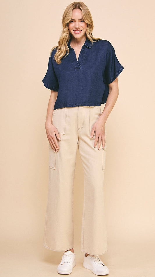 Allie Rose Chambray Collared Dolman Top