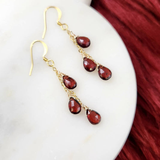 Edgy Petal Triple Garnet Gold Chain Earrings