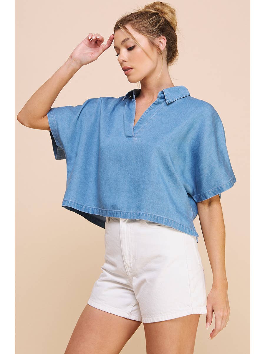 Allie Rose Tops Allie Rose Chambray Collared Dolman Top Allie Rose Chambray Collared Dolman Top