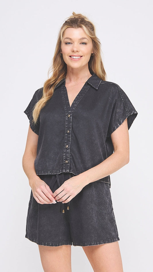 Allie Rose Washed Chambray V-neck Shirt