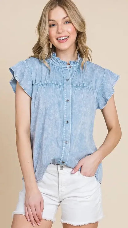 Lime n Chili Tops Mineral Wash Ruffle Button Down Shirt Mineral Wash Ruffle Button Down Shirt