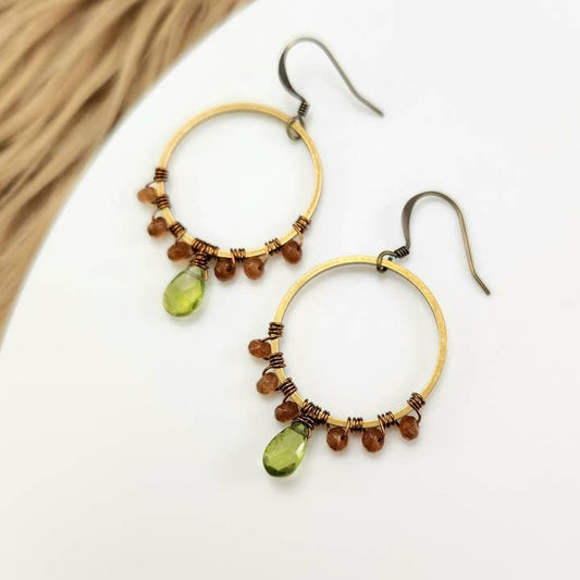 Edgy Petal Wrapped Peridot Brass Circle Earrings