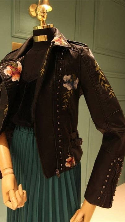 Rivet Embroidery Short Leather Jacket