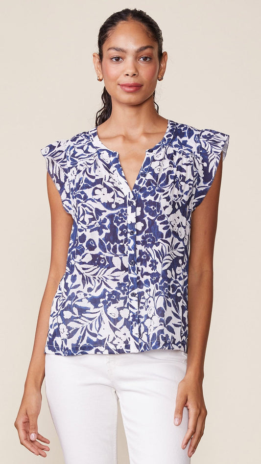Relaxed, straight style blouse with v-neck, front button closure and relaxed, flutter cap sleeves blue