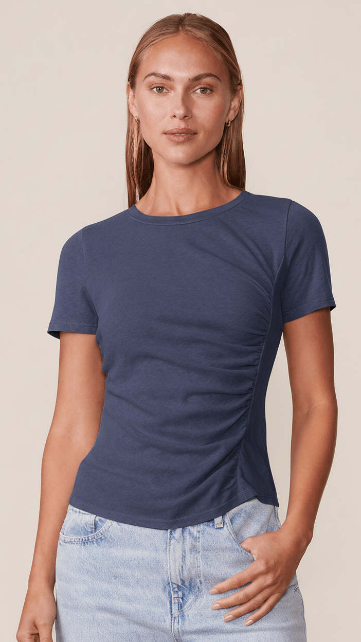 Shaped tee with crew neck, semi-fitted short sleeves, off center ruched seam in front and slightly rounded hem navy