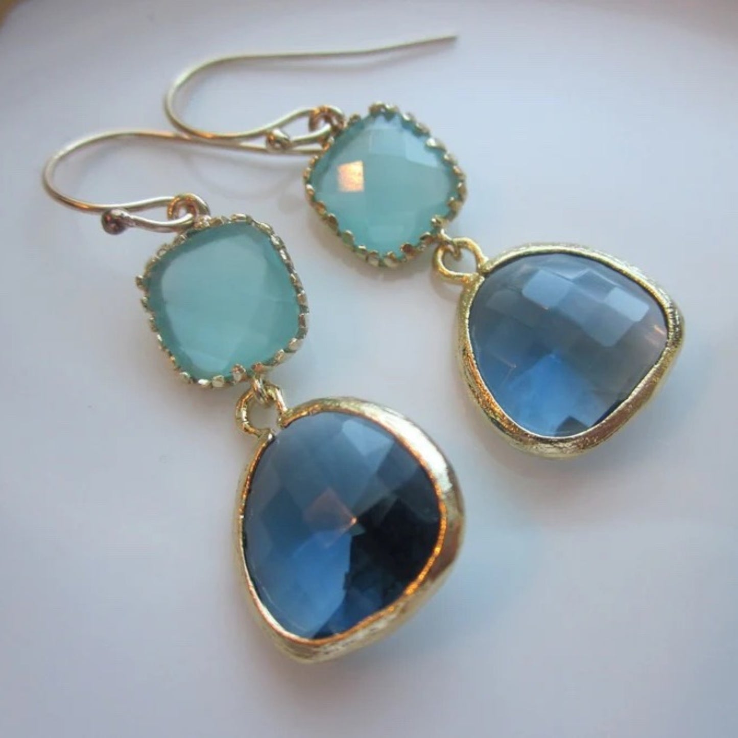 Laalee Jewelry Aqua Blue and Sapphire Gold Two Tier Earrings