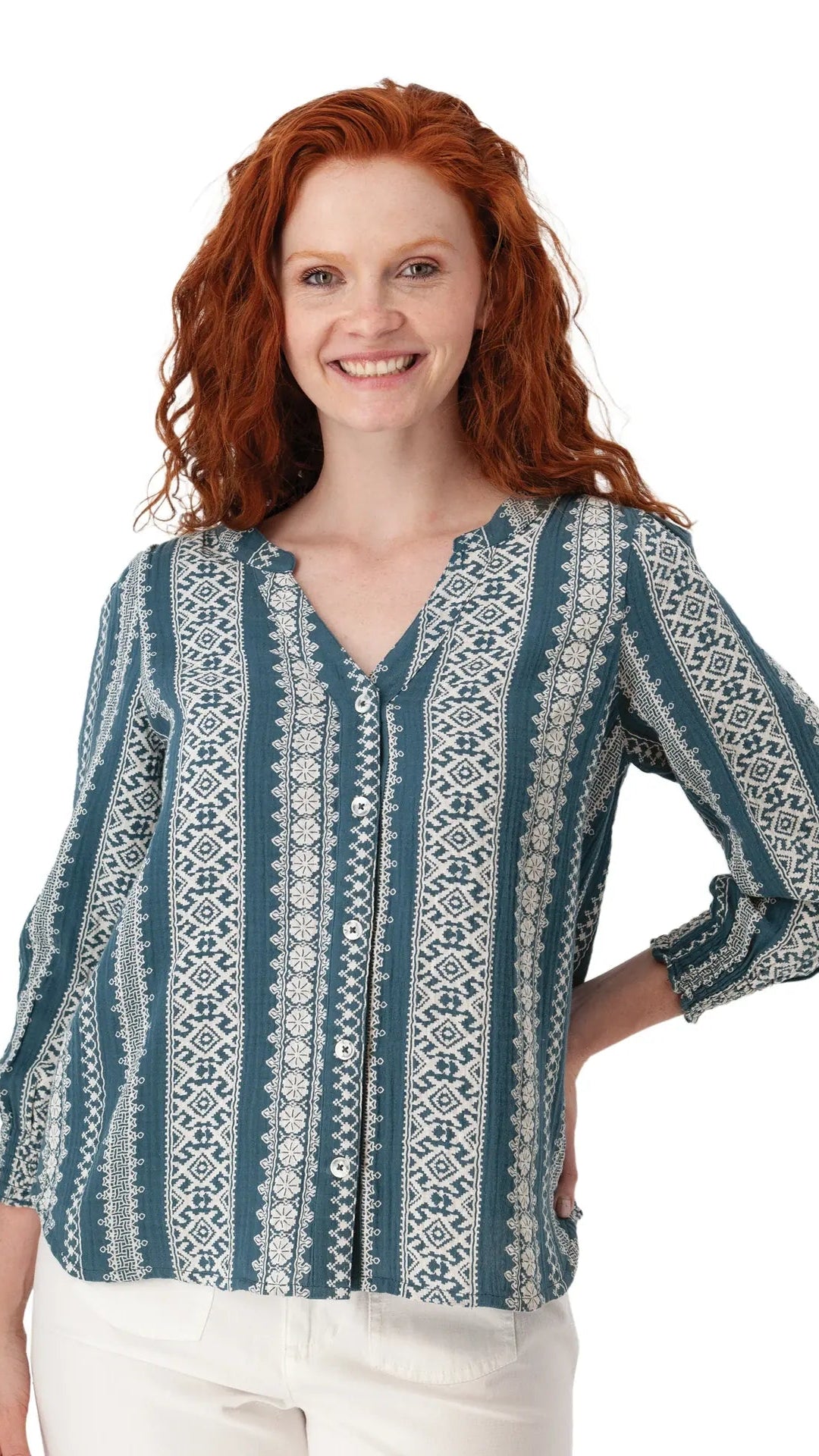 Relaxed style top with Y-neck, front button closure, relaxed 3/4 sleeves with smocked cuffs&nbsp; blue