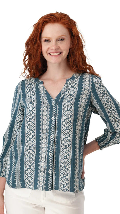 Relaxed style top with Y-neck, front button closure, relaxed 3/4 sleeves with smocked cuffs&nbsp; blue