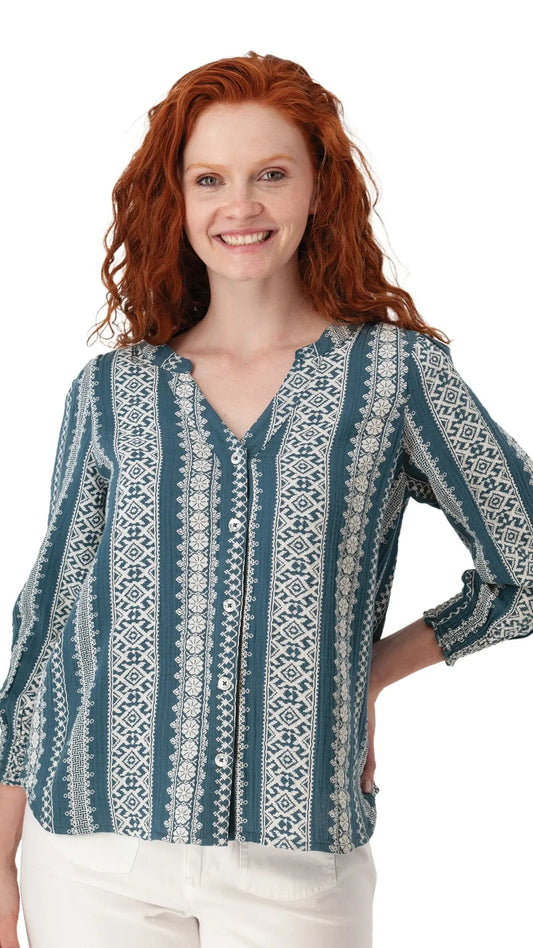 Relaxed style top with Y-neck, front button closure, relaxed 3/4 sleeves with smocked cuffs&nbsp; blue