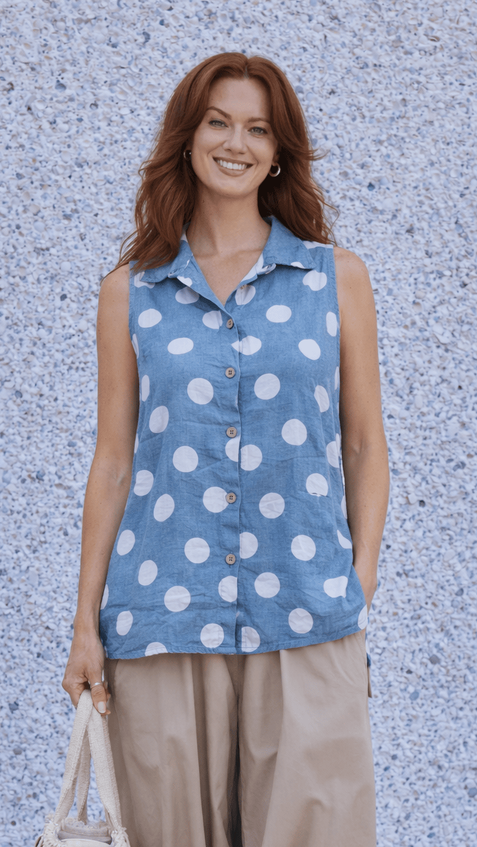 Avvolto Tops Avvolto Sleeveless Polka Dot Top 24235742 Avvolto Sleeveless Polka Dot Top
