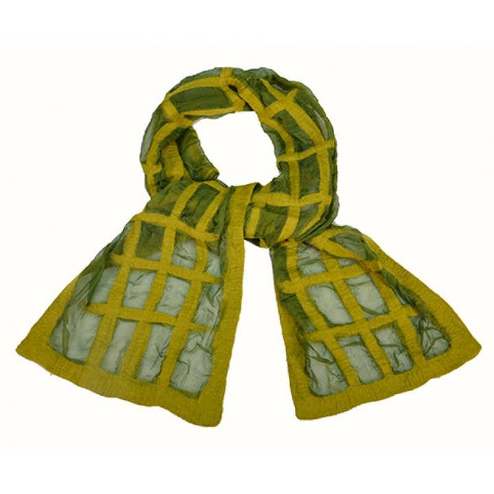 A green and yellow patterned scarf with a grid-like openwork design, displayed against a plain white background.