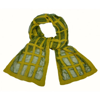 A green and yellow patterned scarf with a grid-like openwork design, displayed against a plain white background.