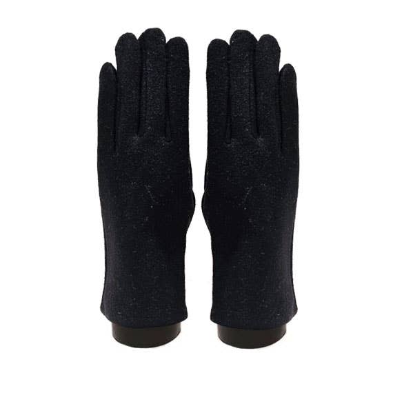 A pair of black knit gloves shown flat against a plain white background.