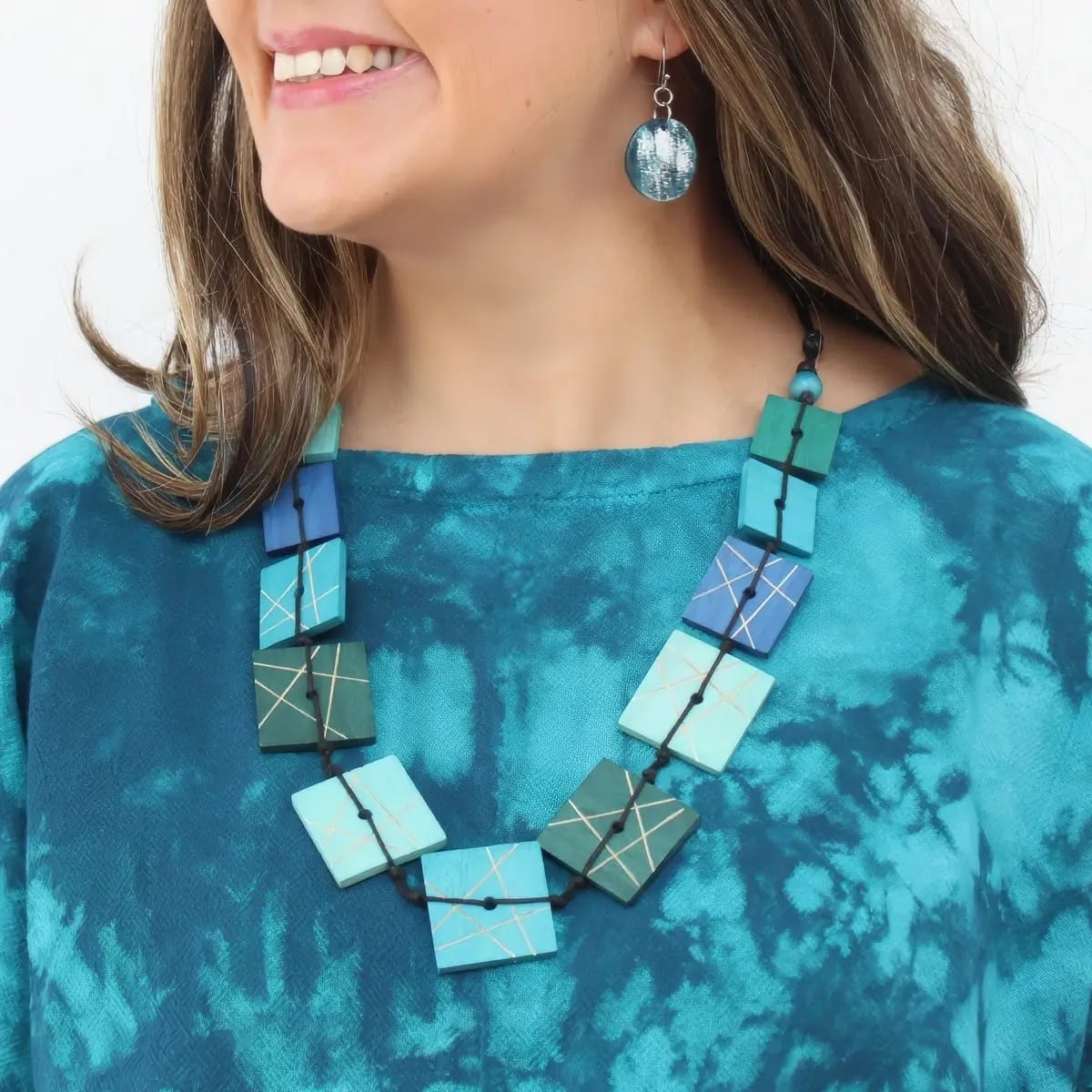Sylca Designs Necklaces Sylca Blue Wooden Mosaic Necklace Sylca Blue Wooden Mosaic Necklace