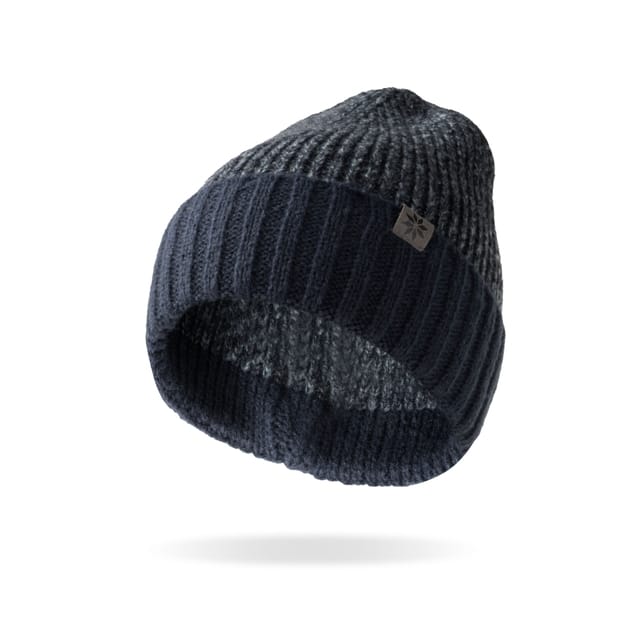 Dark navy knit beanie on a white background