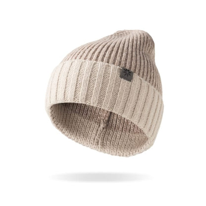 Beige knit beanie with a logo on a white background