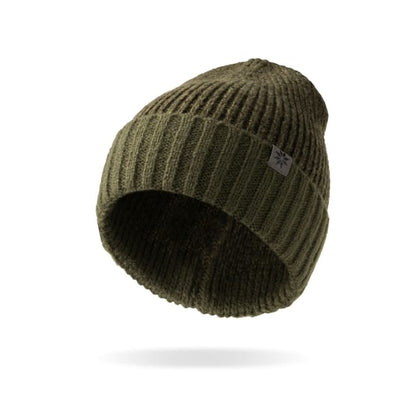 Green knit beanie with a logo on a white background