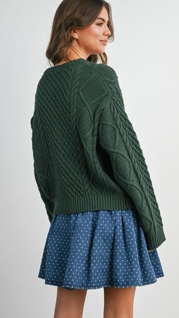 A woman wearing a dark green cable-knit sweater and a blue polka-dot pleated skirt, shown from the back against a light gray studio background.