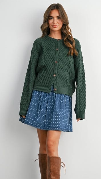 A woman modeling a dark green cable-knit button-up cardigan layered over a blue and white polka dot mini dress, paired with brown lace-up boots, against a light gray studio background.