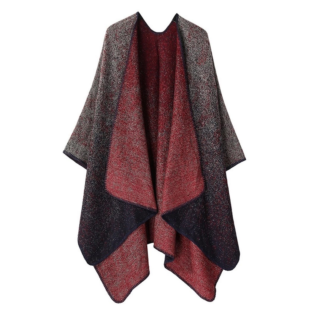 A lightweight open-front poncho-style wrap with a textured heathered pattern, featuring a deep red center panel and dark gray and black outer panels, shown against a plain white background.
