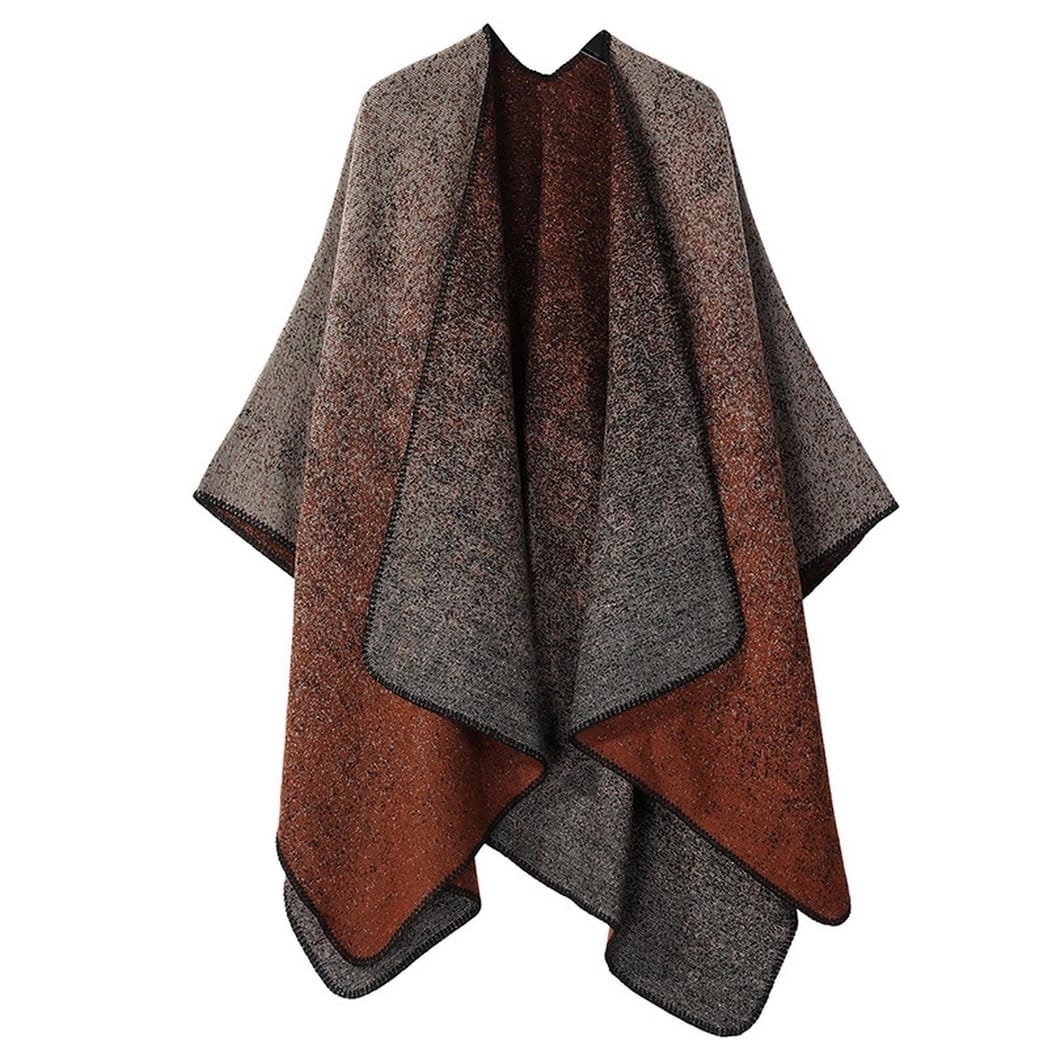 A draped poncho-style wrap with a speckled heathered texture in brown and dark gray, shown against a plain white background.