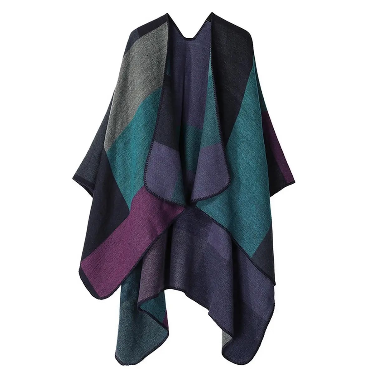 Color-blocked poncho with purple, green, and gray pattern on a white background