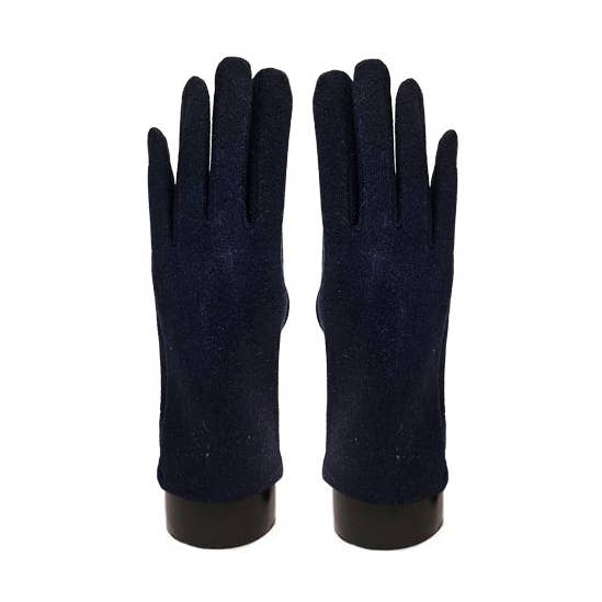 A pair of dark navy blue knit gloves displayed on black mannequin hands against a plain white background.