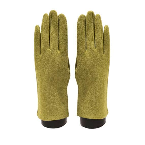 A pair of olive green gloves displayed side-by-side against a plain white background.
