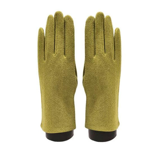 A pair of olive green gloves displayed side-by-side against a plain white background.