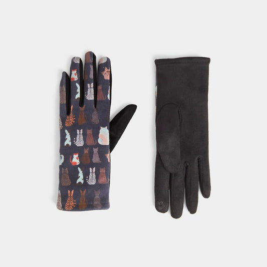 A pair of black gloves on a light gray background, with one glove showing a pattern of colorful cartoon rabbits on the back and the other showing the smooth black front.