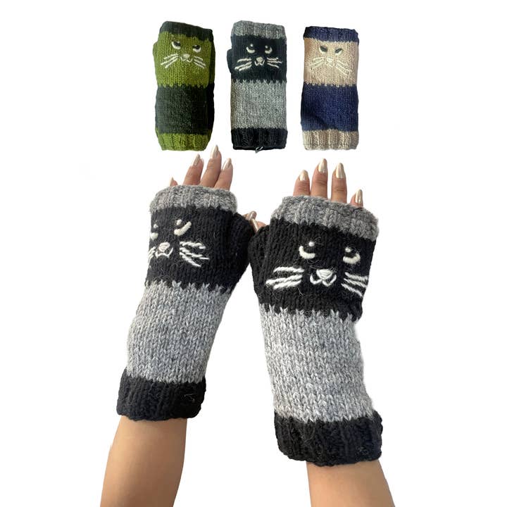 Yak & Yeti Gloves Cat Face Color Block Embroidered Fingerless Gloves - Multiple Colors Cat Face Color Block Embroidered Fingerless Gloves - Multiple Colors