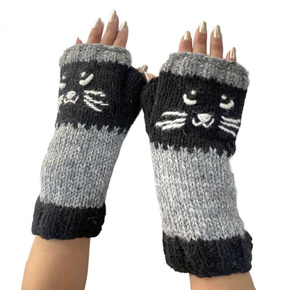 Yak & Yeti Gloves Cat Face Color Block Embroidered Fingerless Gloves - Multiple Colors 04335838 Cat Face Color Block Embroidered Fingerless Gloves - Multiple Colors