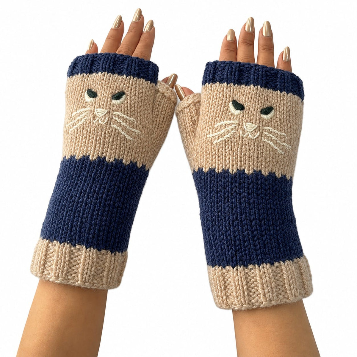 Yak & Yeti Gloves Cat Face Color Block Embroidered Fingerless Gloves - Multiple Colors 04368606 Cat Face Color Block Embroidered Fingerless Gloves - Multiple Colors
