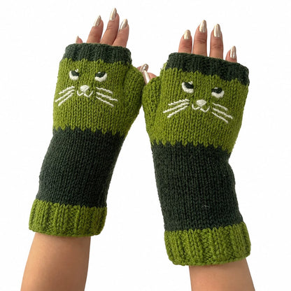 Yak & Yeti Gloves Cat Face Color Block Embroidered Fingerless Gloves - Multiple Colors 04401374 Cat Face Color Block Embroidered Fingerless Gloves - Multiple Colors