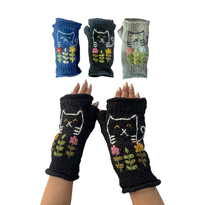 Yak & Yeti Gloves Cat Floral Embroidered Fingerless Gloves - Multiple Colors Cat Floral Embroidered Fingerless Gloves - Multiple Colors