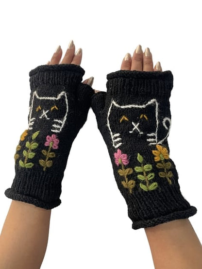 Yak & Yeti Gloves Cat Floral Embroidered Fingerless Gloves - Multiple Colors 06851038 Cat Floral Embroidered Fingerless Gloves - Multiple Colors