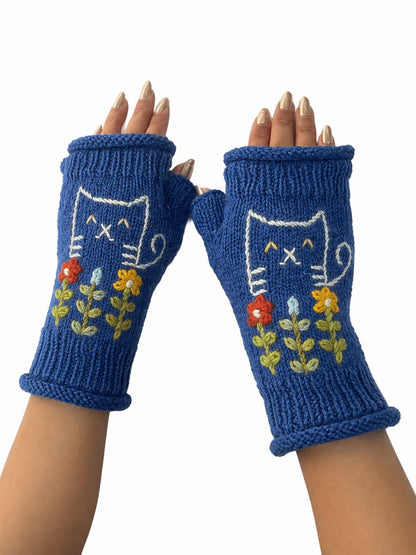 Yak & Yeti Gloves Cat Floral Embroidered Fingerless Gloves - Multiple Colors 06818270 Cat Floral Embroidered Fingerless Gloves - Multiple Colors